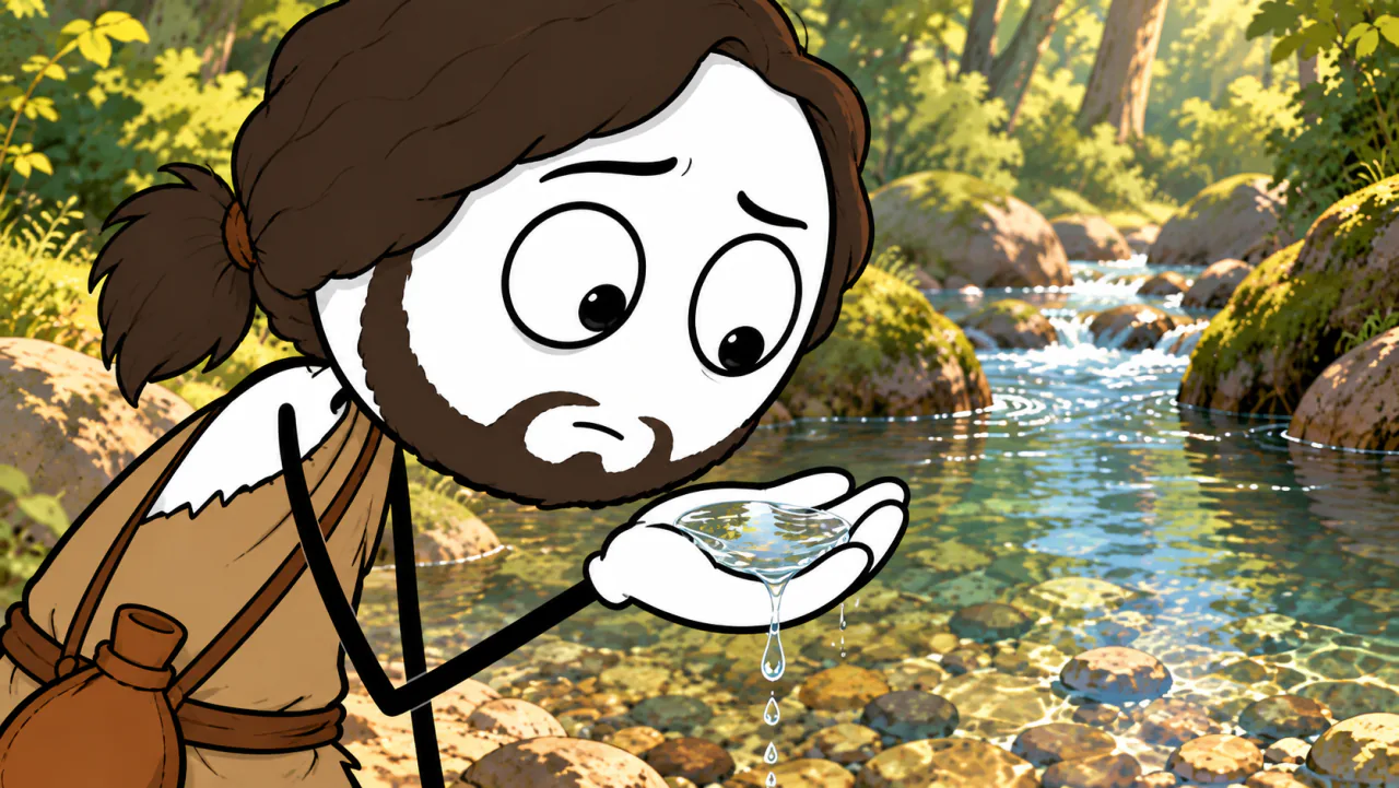 Personagem ilustrado observa a água de um riacho na floresta.