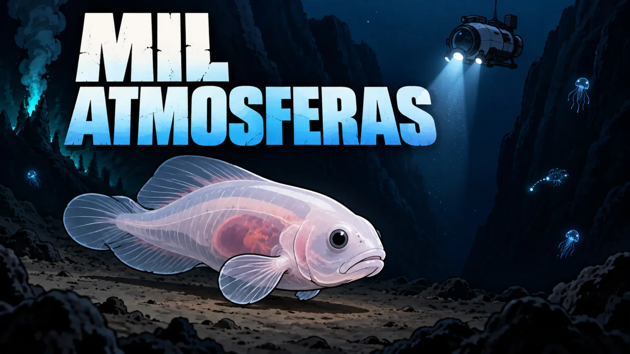 Capa com um peixe translúcido, um submarino nas profundezas do mar e a frase Mil atmosferas.
